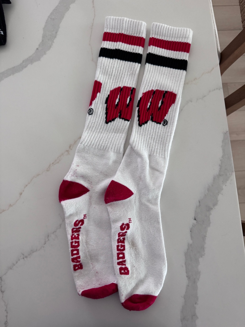 White and Red Crew Socks with Team Logo - Men's